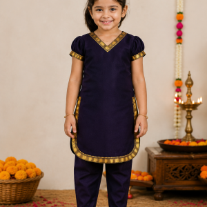 THE SIGNATURE - GIRLS - Handloom Cotton Angrakha Kurti & Pant Set
