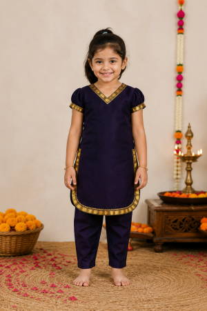 THE SIGNATURE - GIRLS - Handloom Cotton Angrakha Kurti & Pant Set